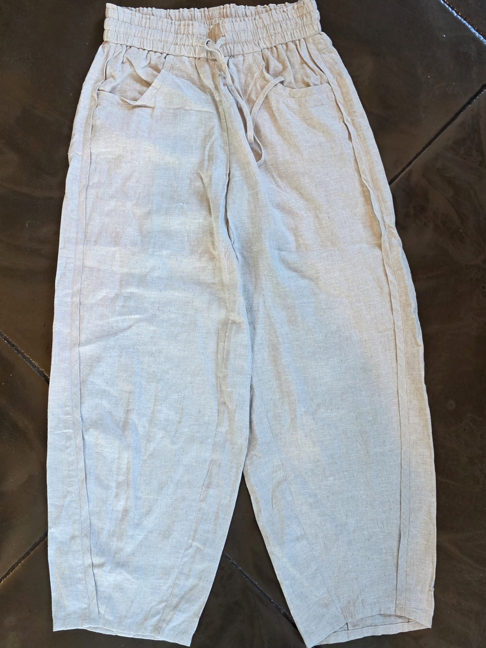 Maison d’Amélie Paris Linen Blend Barrel Pants S/P Beige Pull On Boho - Picture 2 of 10